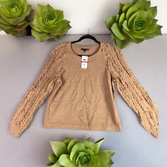 1.STATE Women’s Sweater XS Brown Crewneck Fringe Sleeve Pullover NWT - Picture 1 of 12